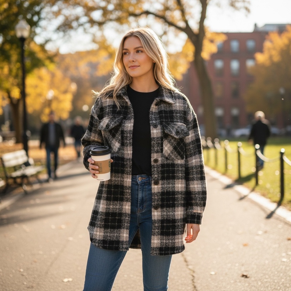 Banana Republic Plaid Utility Jacket in Black and Cream